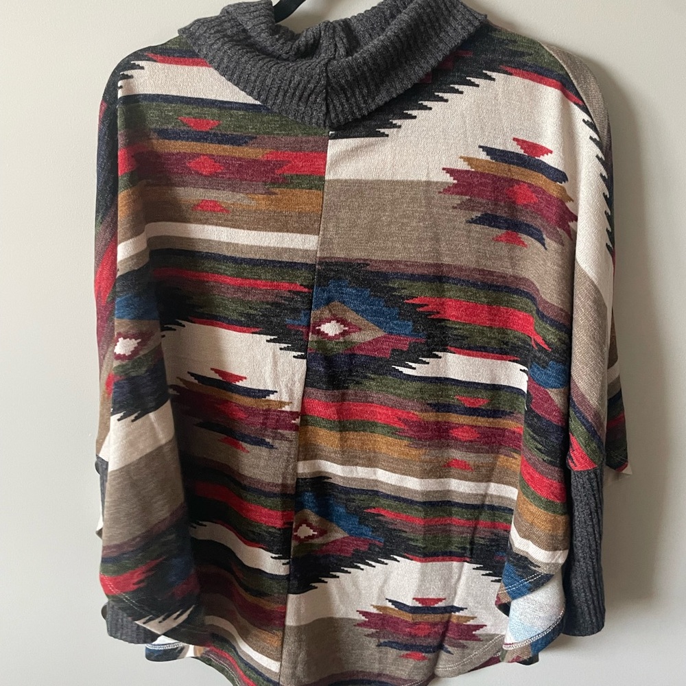 Multicolor Patterned Poncho with Cowl Neck